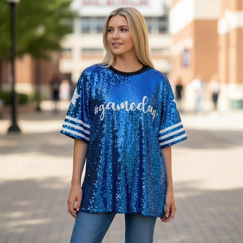 Why Dress Sequin Gameday Jersey Women OS Blue Short Sleeve Star Top NWT